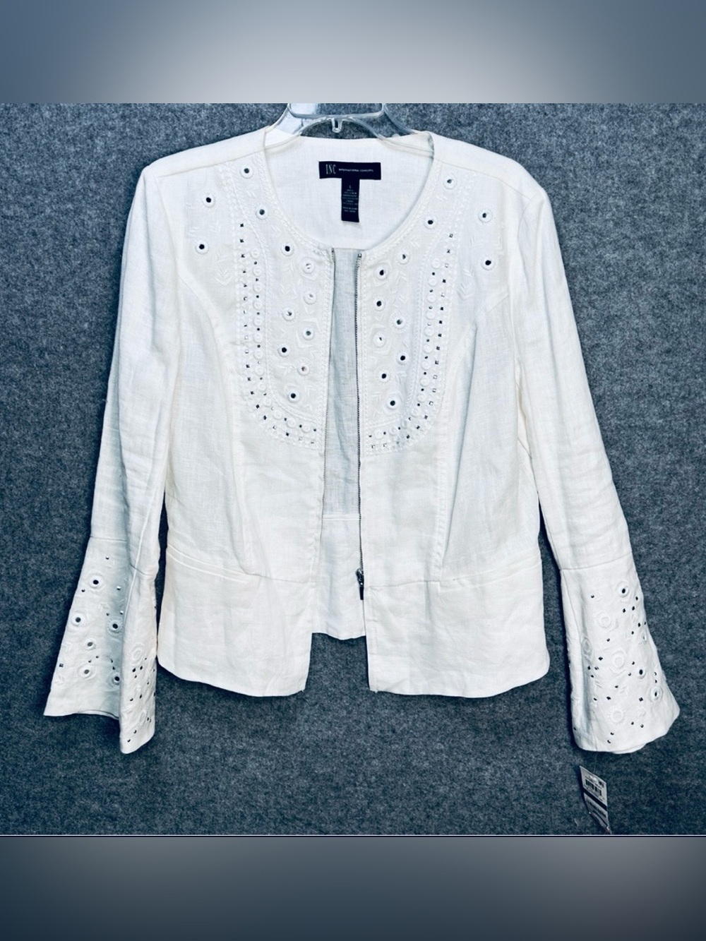 INC Size L White Linen Mirror Zip Jacket Boho-Chic Coastal Cottagecore Western - Picture 3 of 8